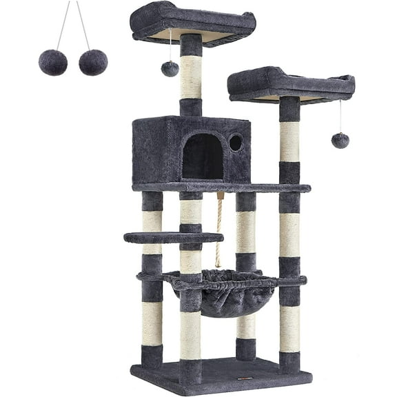 2-Level 56.3" Cat Tree with Scratching Posts & Hammock, Smoky Gray