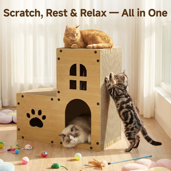 2-Level Cardboard Cat Scratcher House & Lounge Bed, Durable Cat Scratch Pad for Play, Rest & Furniture Protection