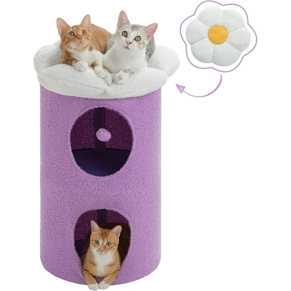 2-Level Cat Beds for Indoor Cats, Cat Tree Cat House with Removable Flower Cat Bed, Cute Cat Bed Cave Cat Hideaway Bed, Indoor Cat Tree Condo for Large Cats, 20X20X28.7 Inches, Purple