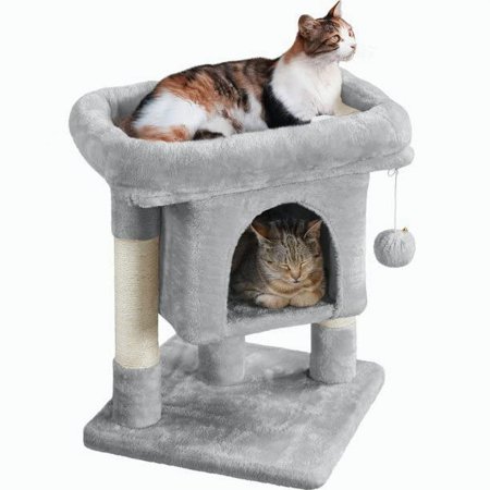 2-Level Cat Tree Condo Tower with Plush Perch, Light Gray