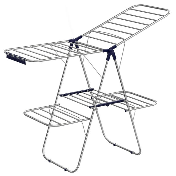 2-Level Clothes Drying Rack Laundry Drying Rack with Height-Adjustable Wings 33 Drying Rails Sock Clips Silver and Blue