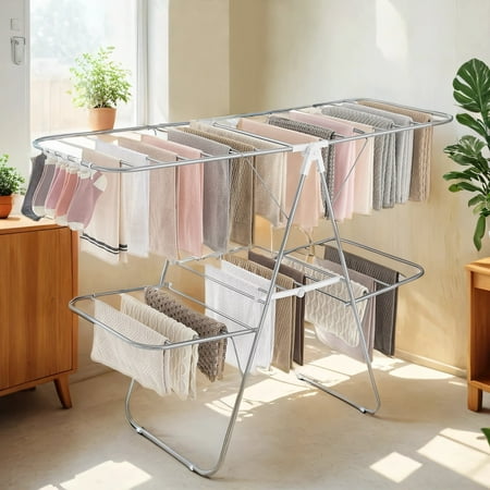 2-Level Foldable Clothes Drying Rack with Height-Adjustable Wings, Free-Standing Laundry Rack Clothes Dryer, 33 Drying Rails, and Sock Clips