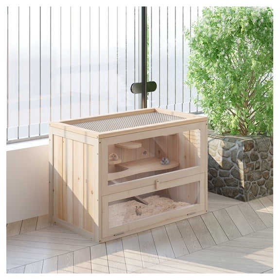 2 Level Hamster Cage for Small Animals, Wooden Habitat for Mice, Guinea Pigs, Rats, Chinchillas with Open Top, Front Door, Ramp & Platforms, Natural