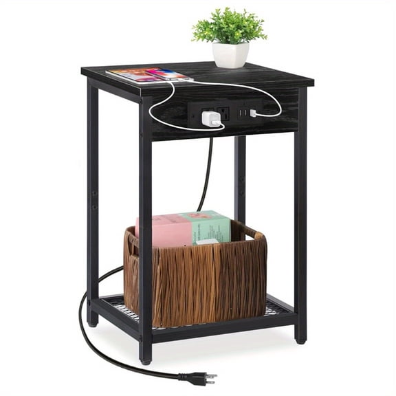 [2 Level Nightstand] 2 Level Nightstand With Charging Station | Narrow Side Desk With Storage Shelf, USB Port And Socket, Suitable For Bedroom And Living Room