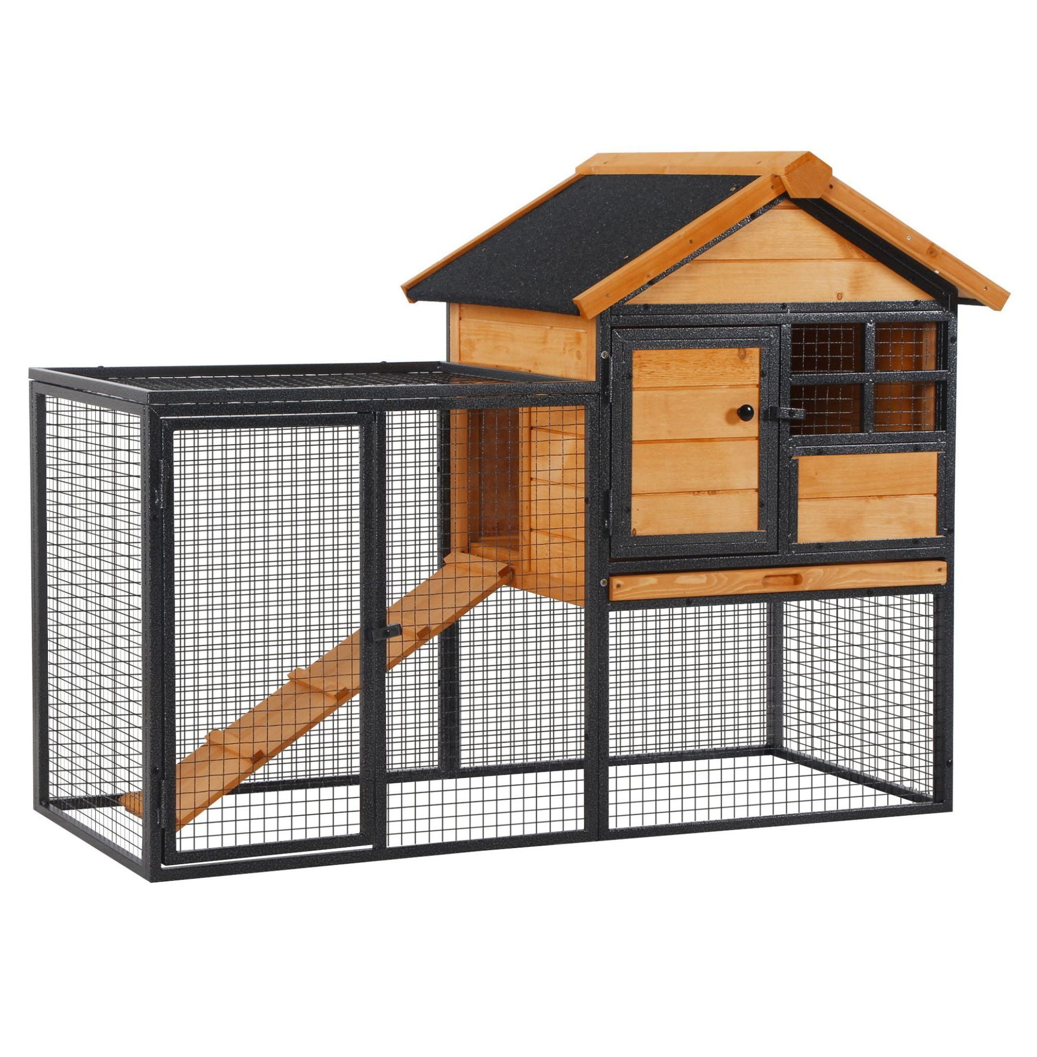 2-Level Rabbit Hutch Bunny Cage, Elevated Pet House with Weatherproof Hinged Asphalt Roof, Removable Tray & Ramp for Outdoor, Natural