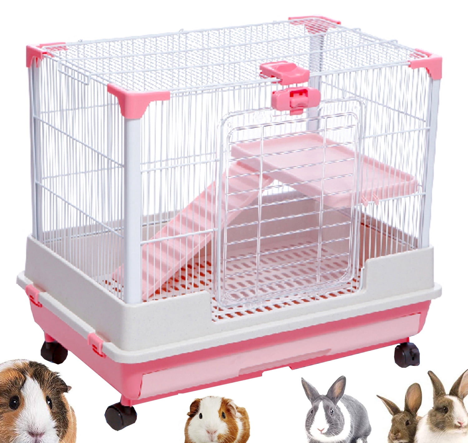 Mcage Leakproof 2-Story Large Metal Guinea Pig & Rabbit Cage with Removable Tray & Ramp Pink