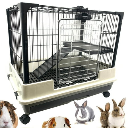 2-Levels Indoor Outdoor Durable Small Animal Pet Cage for Guinea Pig Ferret Chinchilla Cat Playpen Rabbit Hutch with Solid Platform & Ramp Leakproof Litter Tray, 2 Large Access Doors, Lockable Casters