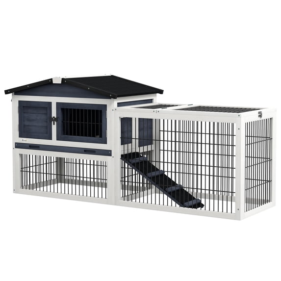 2 Levels Outdoor Rabbit Hutch with Openable Top, 59" Wooden Large Rabbit Cage with Run Weatherproof Roof, Removable Tray, Ramp, Dark Gray