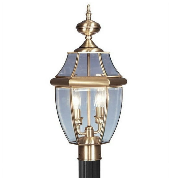 2 Light Antique Brass Outdoor Post Lantern Pendant Lighting Fixture with Clear Beveled Glass Shade backed with Hand Crafted Solid Brass material for patio, front porch, entryway and more