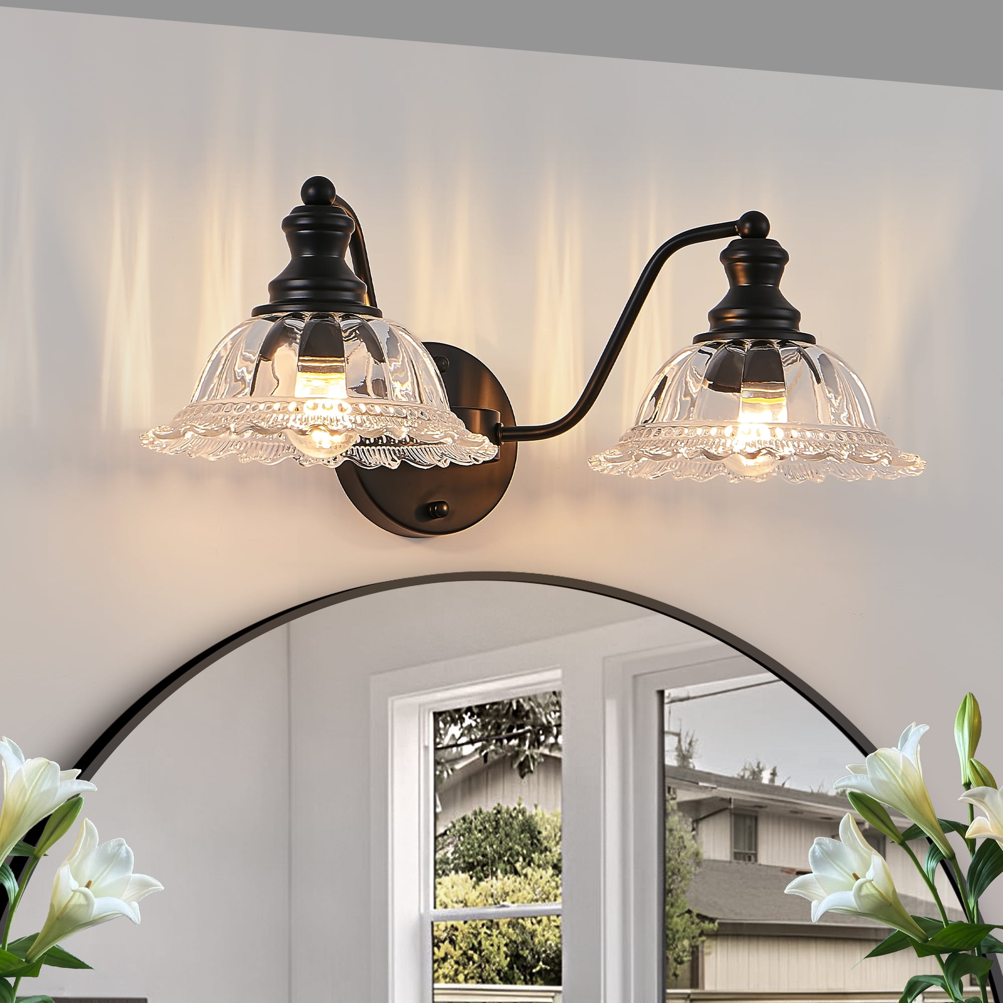 2-Light Bathroom Black Vanity Light Fixtures, Farmhouse Vanity Lights for Bathroom with Flower Glass Shade Wall Lights 20in