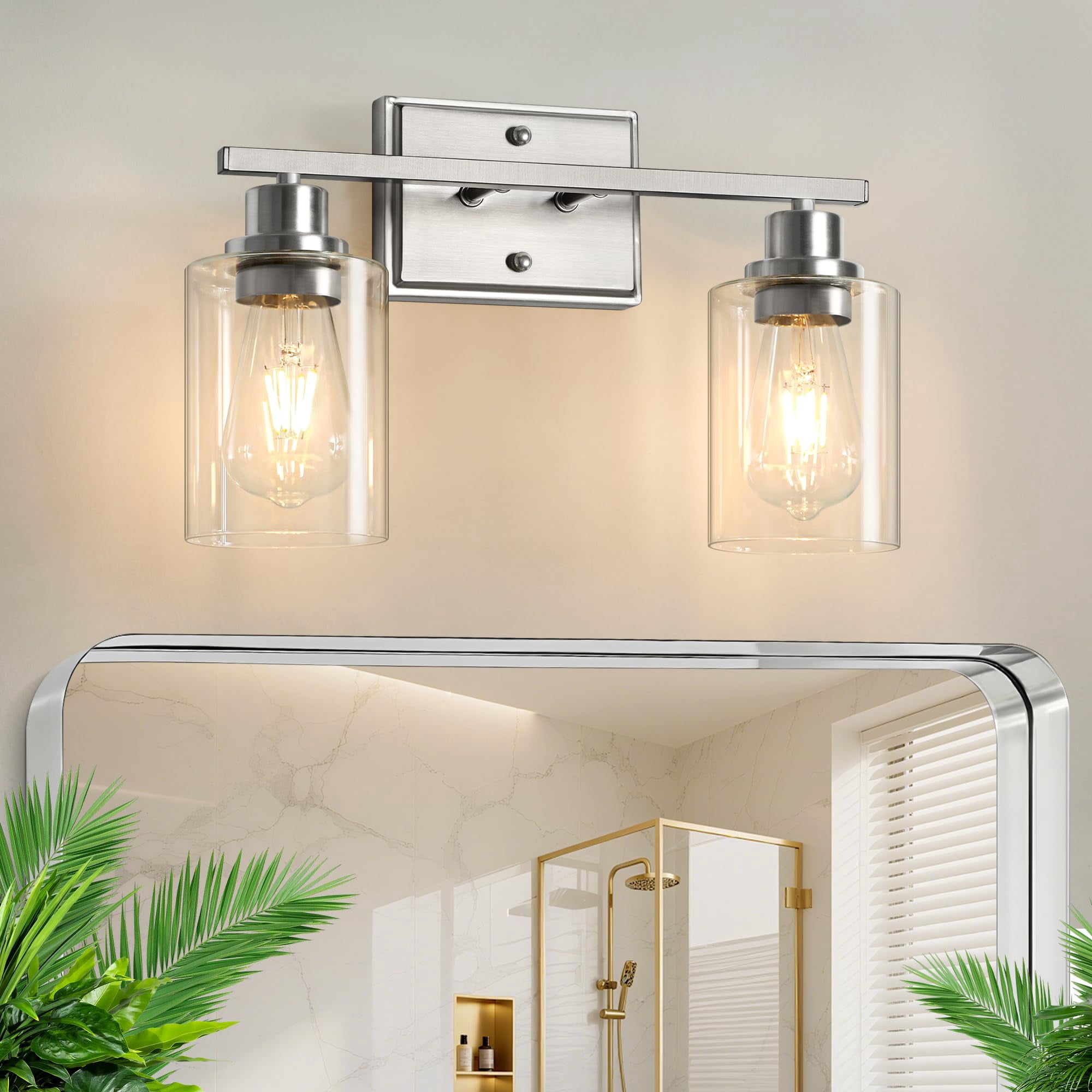 2 Light Bathroom Fixtures  Modern Vanity Lights Over Mirror Brushed Nickel Wall Lamp With Clear Glass For Living Room Cabinet Bedroom Porch