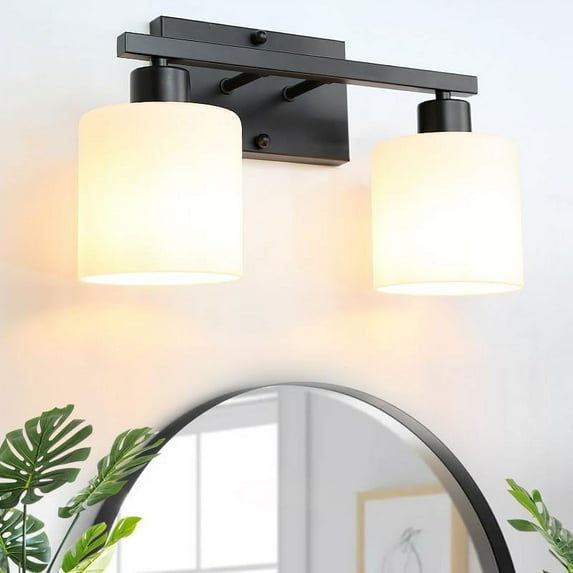 SILAMPDI 2-Light Anti-Rust Matte Black Dimmable Vanity Light with Milky White Glass Shades