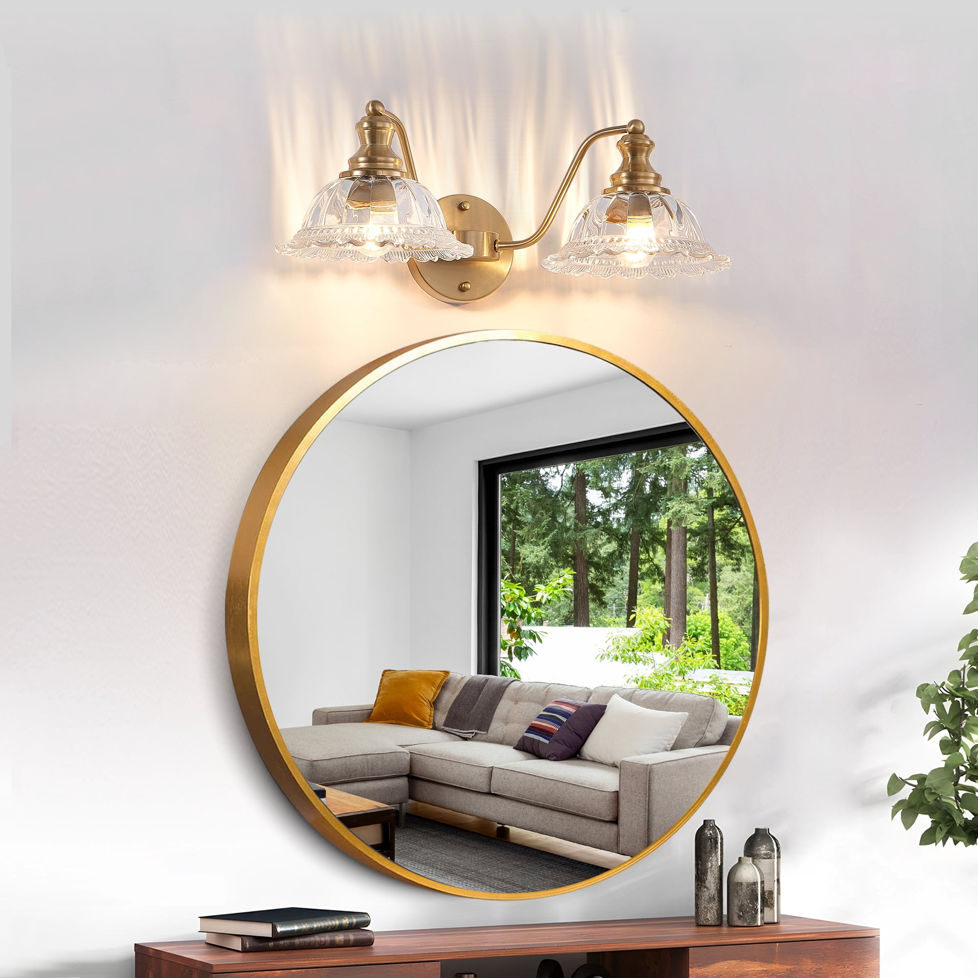 2-Light Bathroom Vanity Gold Light Fixtures, Farmhouse Vanity Lights for Bathroom with Flower Glass Shade Wall Lights 20in