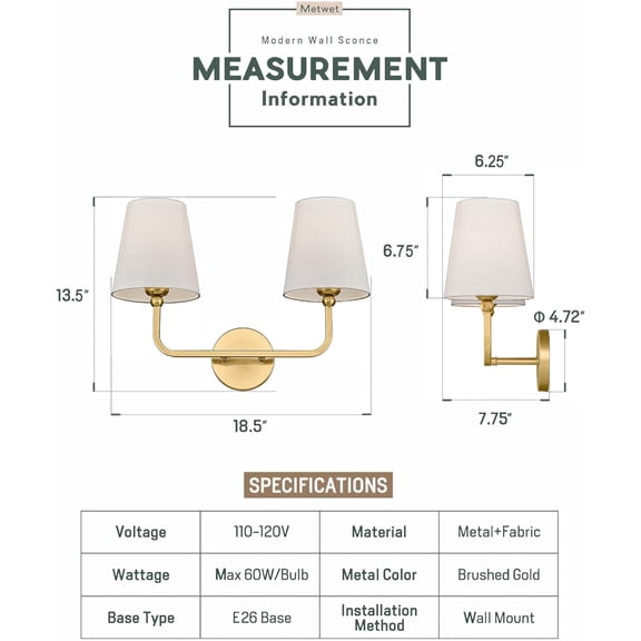 2 Light Bathroom Vanity Light, Brushed Gold Double Wall Sconce with Flared White Fabric Shade, Modern Sconces Wall Lighting for Hallway Bedroom Stairway, VL837-BG