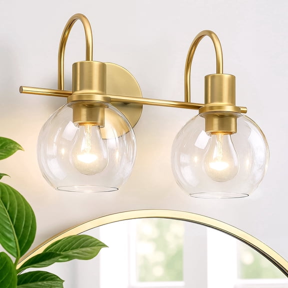 2-Light Bathroom Vanity Light, Modern Brushed Gold Wall Sconce with Clear Glass