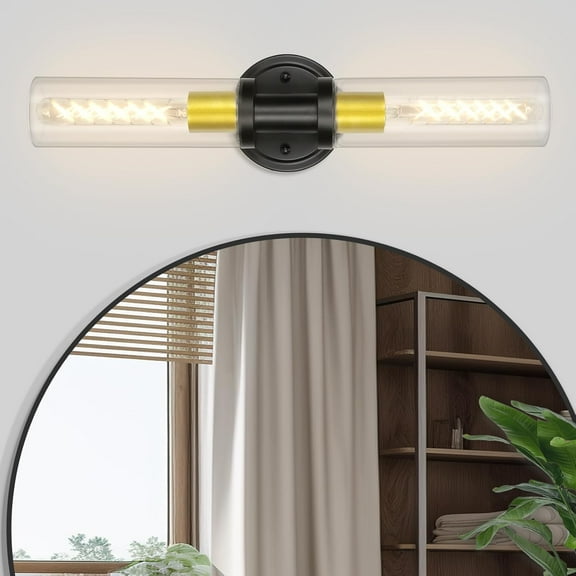 2-Light Bathroom Vanity Lights Over Mirror, Black and Gold Wall Light Fixtures with Clear Glass Shade, Indoor Sconces Wall Lighting for Bedroom, Living Room, E26 Base, Bulbs Not Included