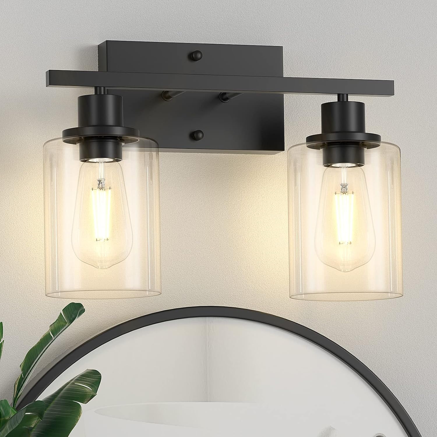 2-Light Black Bathroom Light Fixture, Vanity Light Over Mirror with Clear Glass Shade, Bathroom Wall Sconces Lighting for Bedroom, Living Room, Hallway, E26 Base (Bulbs Not Included)