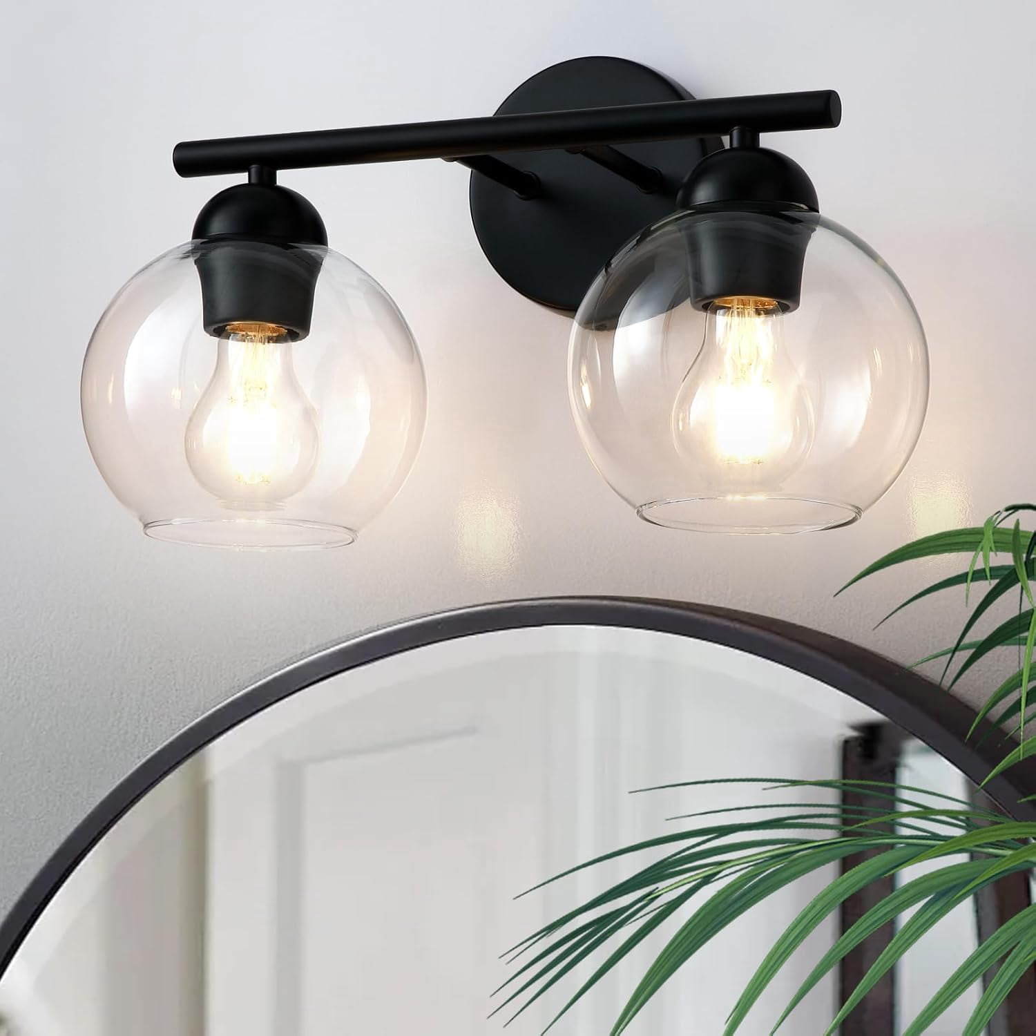 2 Light Black Bathroom Vanity Fixtures with Globe Glass Shades, Modern ...