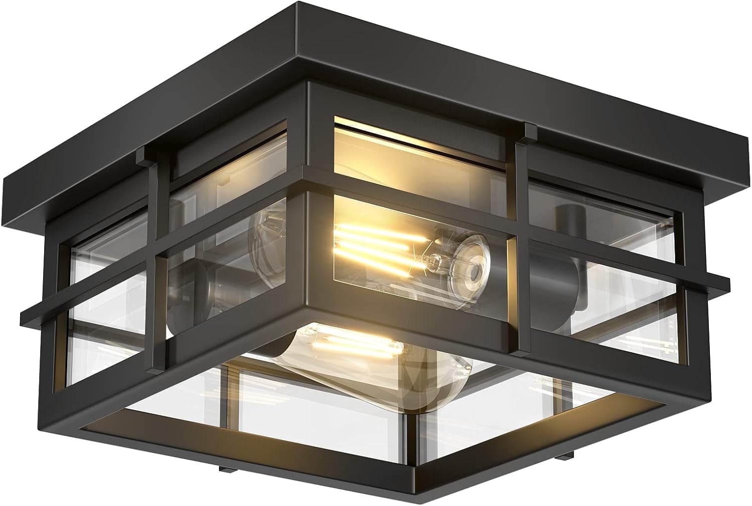 2-Light Black Flush Mount Light Fixtures with Clear Glass Shade Modern Ceiling Light Fixtures Farmhouse Square Ceiling Lighting for Porch Bathroom Kitchen (Bulbs Not Included)