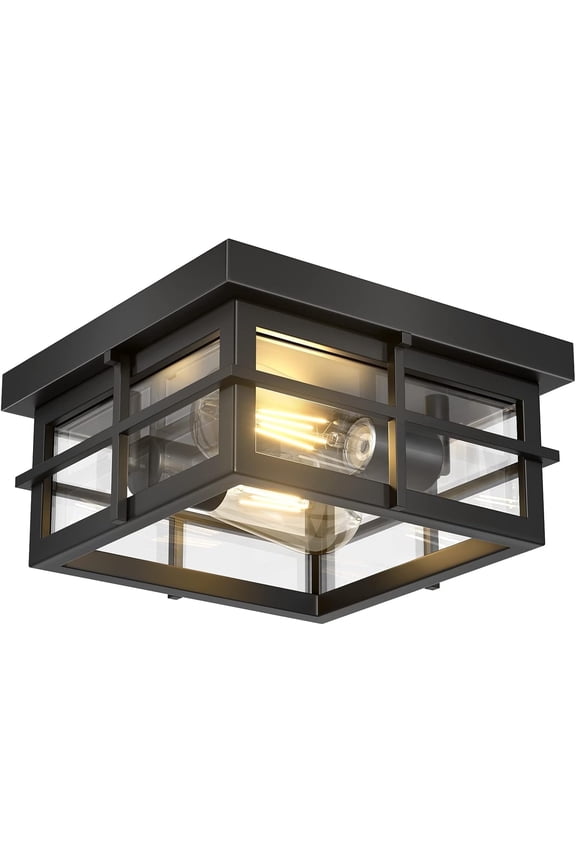 2-Light Black Flush Mount Light Fixtures with Clear Glass Shade Modern Ceiling Light Fixtures Farmhouse Square Ceiling Lighting for Porch Bathroom Kitchen (Bulbs Not Included)