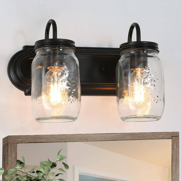 LNC 2-Light Black Geometric Clear Mason Jar Glass Modern Bathroom Vanity Lighting Fixutre