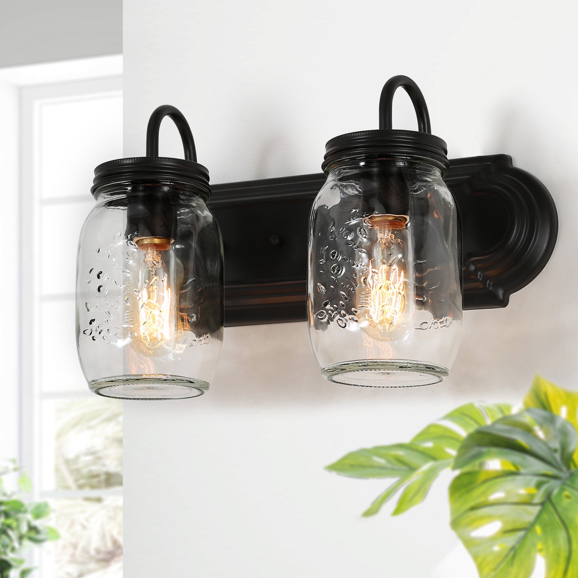 LNC 2-Light Black Geometric Clear Mason Jar Glass Modern Bathroom Vanity Lighting Fixutre