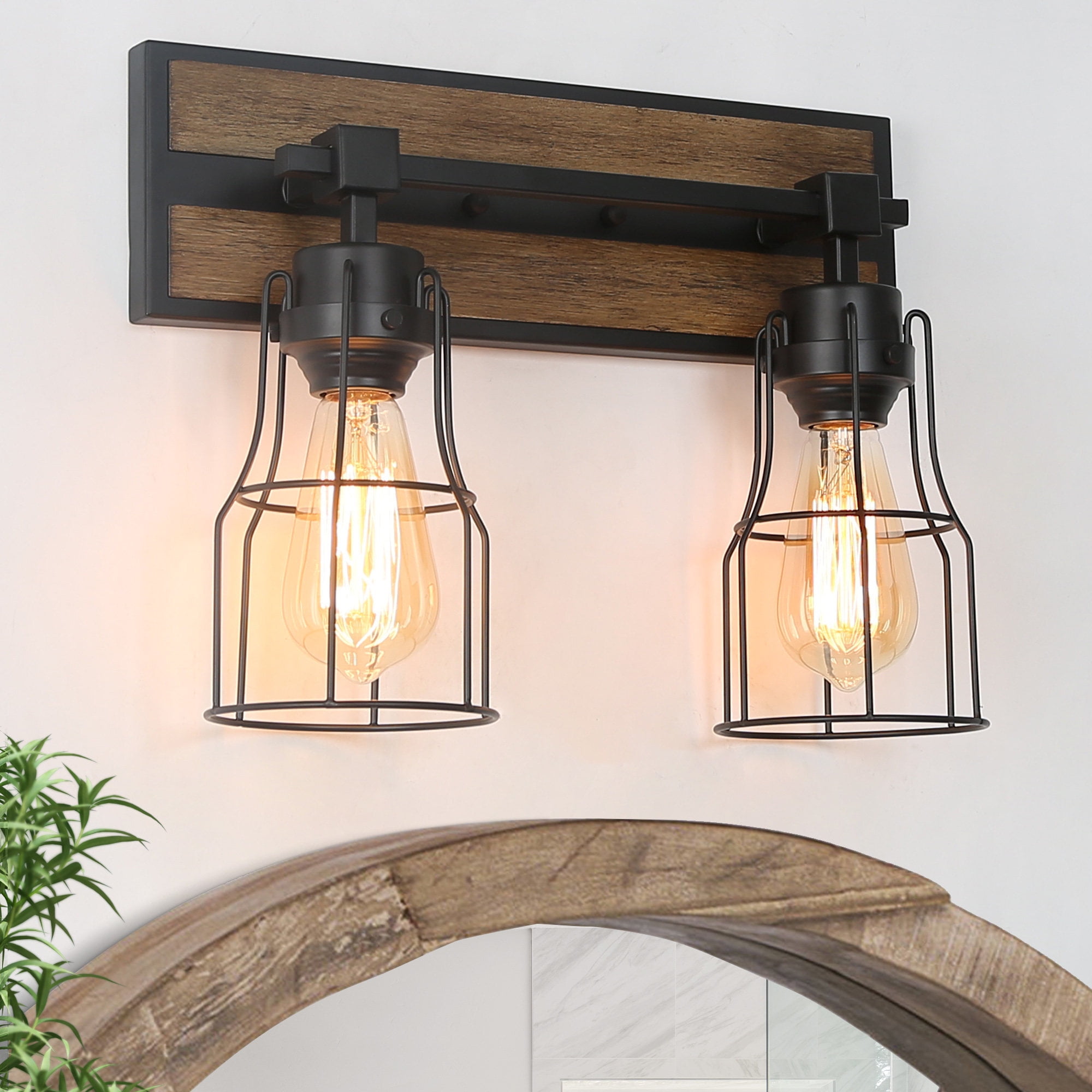 LNC 2-Light Black Geometric Modern Farmhouse Wood Tone Bathroom Vanity Lighting Fixutre