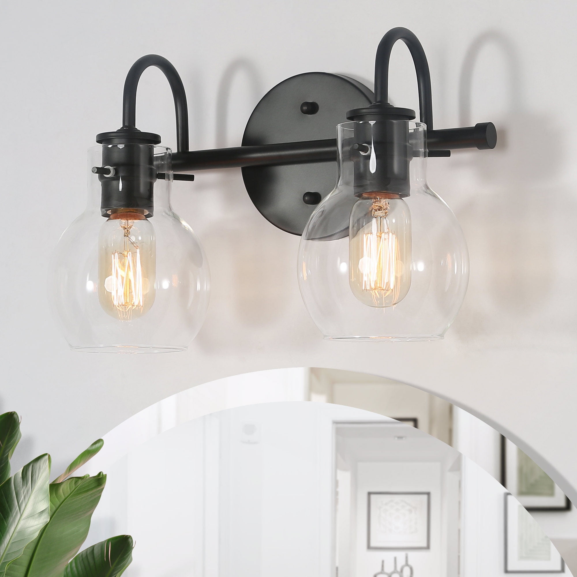 LNC 2-Light Black Round Clear Glass Modern Bathroom Vanity Lighting Fixutre