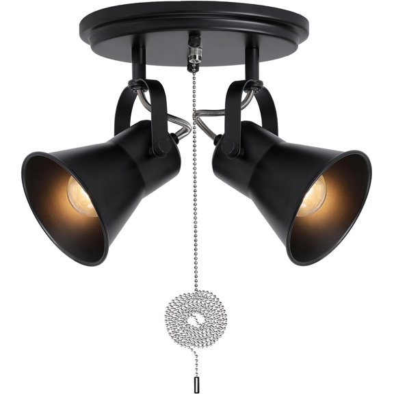 2-Light Black Track Lighting with Pull Chain, Industrial Adjustable Pull Chain Light Fixture Round Ceiling Light, Modern Flush Mount for Kitchen, Hallway, Dining Room