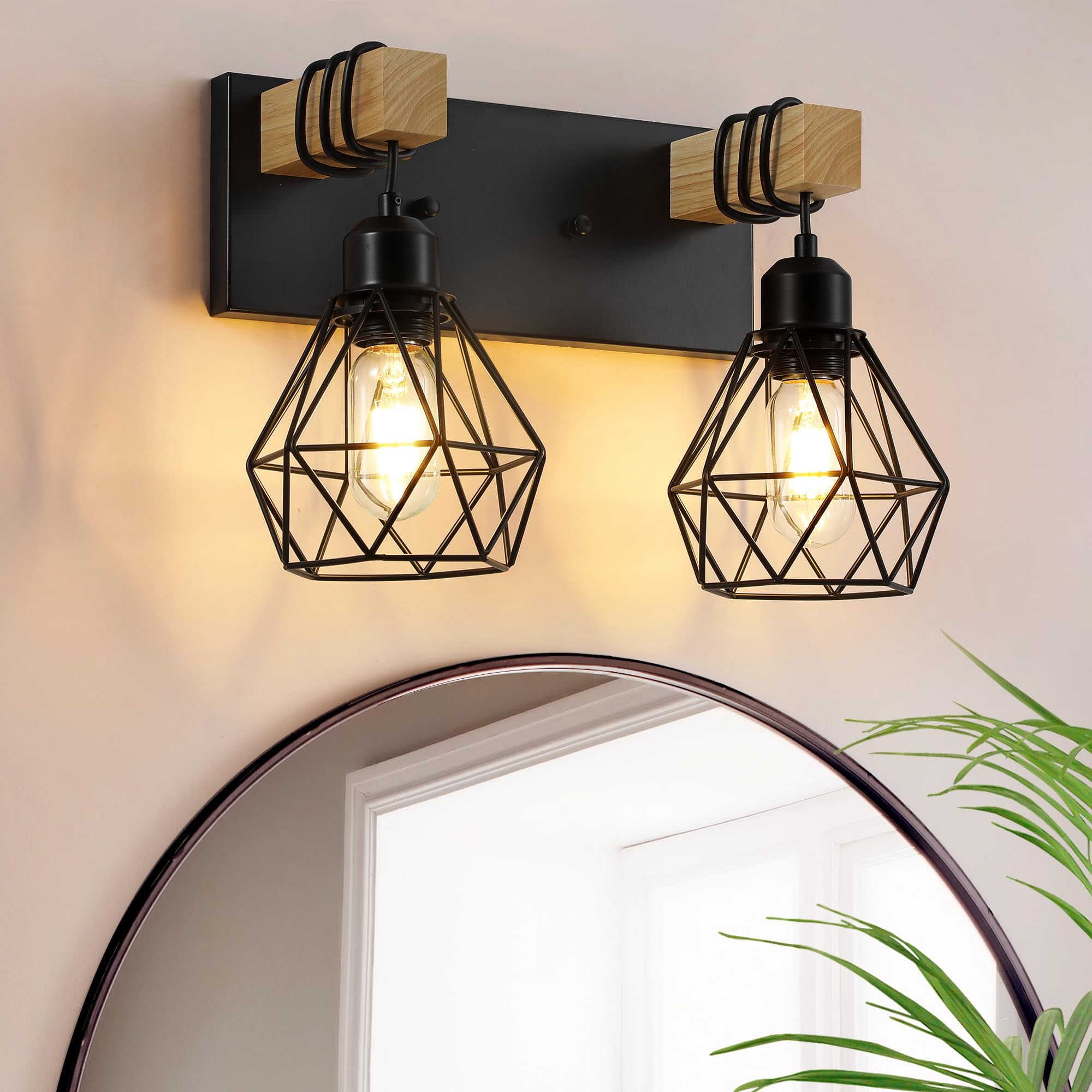 2-Light Black Vanity Light Wood Fixture Rustic Wall Lighting for Bathroom Bedroom Hallway