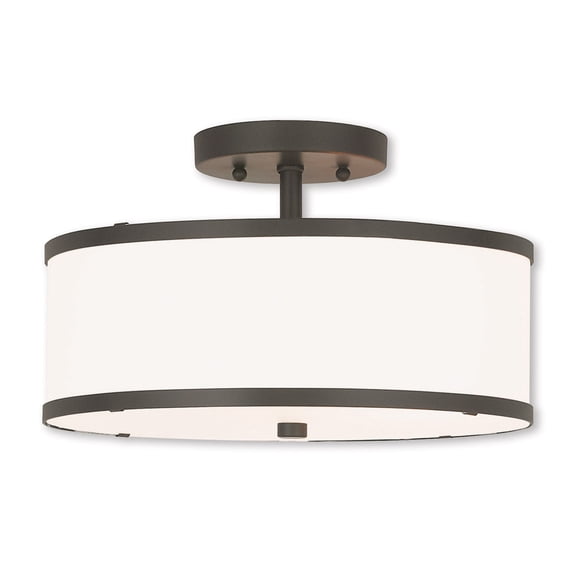 2 Light Bronze Ceiling Light fixture with Hand Crafted Off-White Fabric Hardback Shade