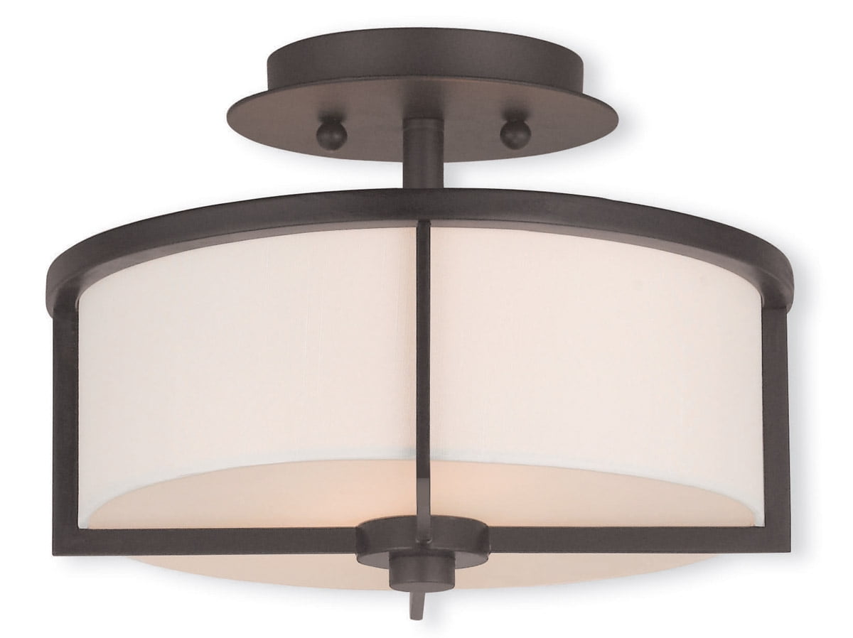 2 Light Bronze Ceiling Light fixture with Hand Crafted Off-White Fabric Hardback Shade