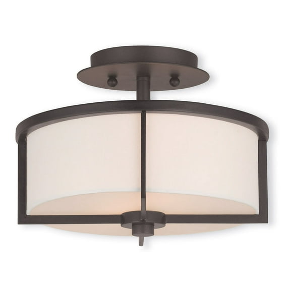 2 Light Bronze Ceiling Light fixture with Hand Crafted Off-White Fabric Hardback Shade
