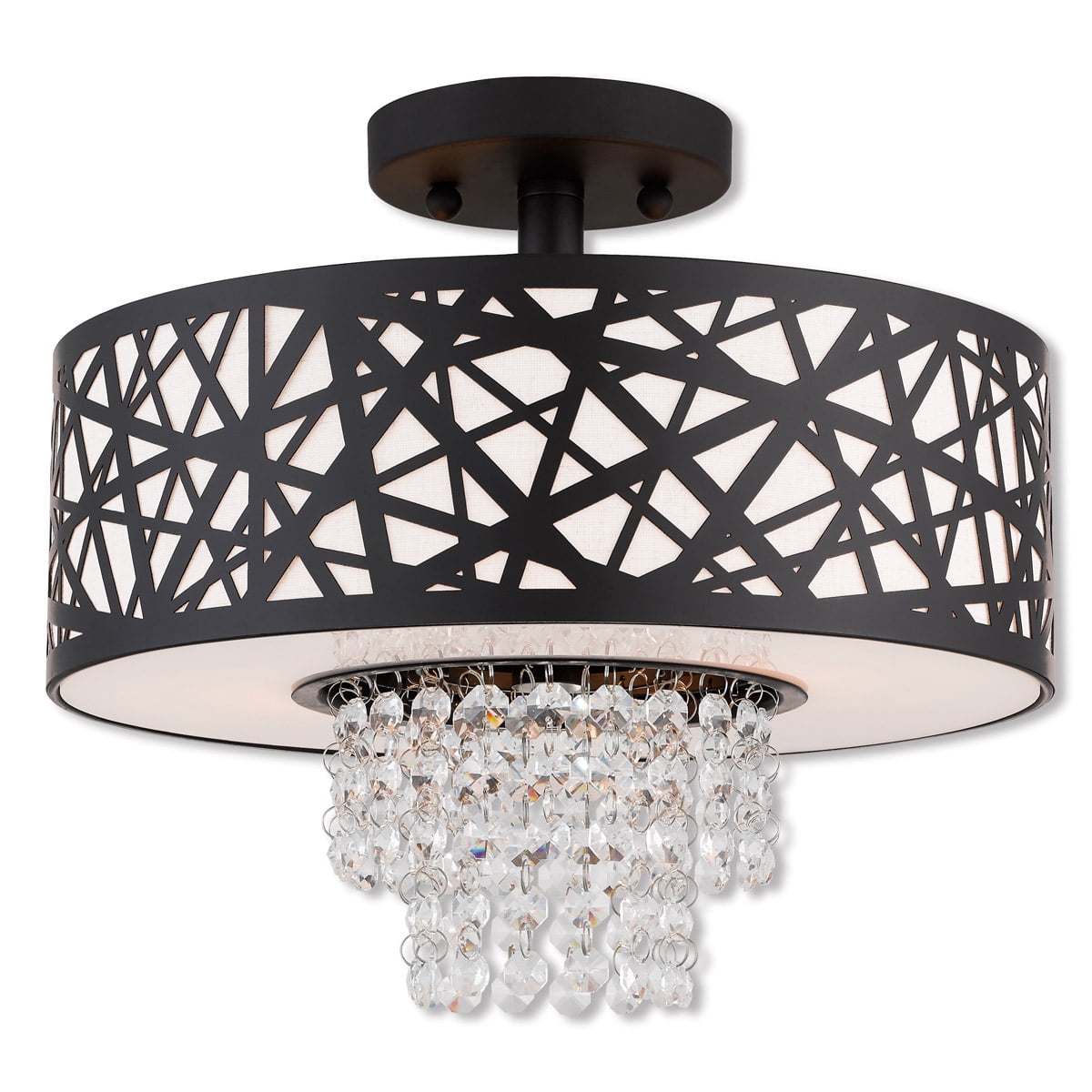 2 Light Bronze Ceiling Light fixture with Oatmeal Color Fabric Hardback Inside & Clear Crystals Shade