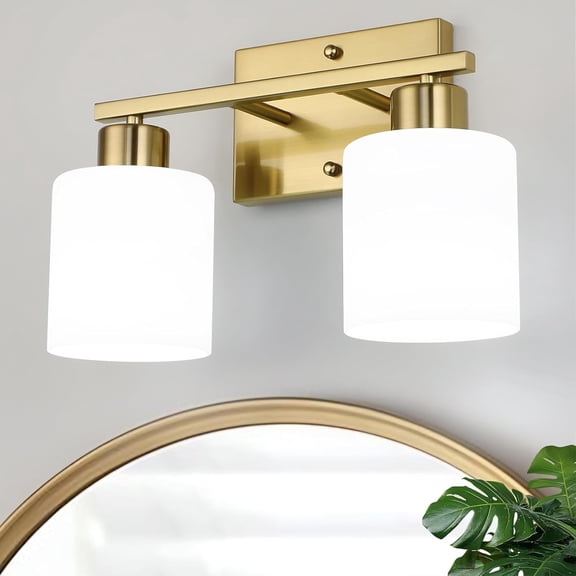 2 Light Brushed Gold Vanity Light, Bathroom Lighting Fixtures with Milk White Frosted Glass Shades, Modern Lights Over Mirror, E26 Wall Sconce for Restroom Living Room Bedroom