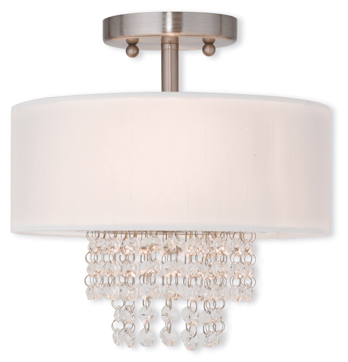 2 Light Brushed Nickel Ceiling Light fixture with Clear Crystals/ Hand Crafted Off-White Fabric Hardback Shade