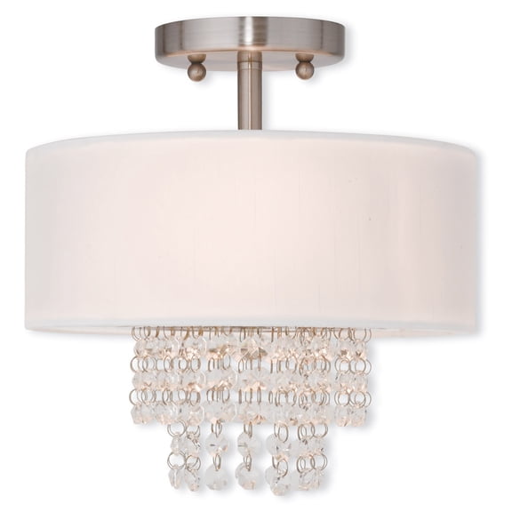 2 Light Brushed Nickel Ceiling Light fixture with Clear Crystals/ Hand Crafted Off-White Fabric Hardback Shade