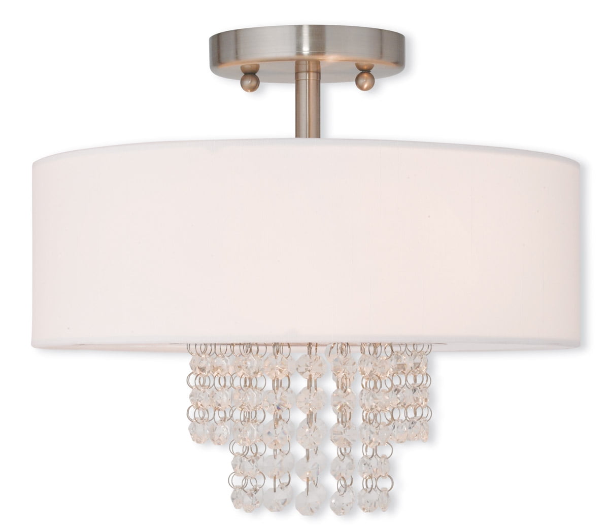 2 Light Brushed Nickel Ceiling Light fixture with Clear Crystals/ Hand Crafted Off-White Fabric Hardback Shade