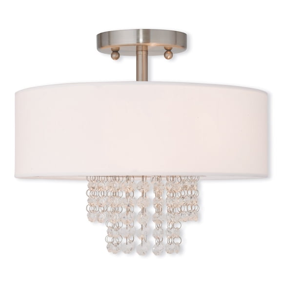 2 Light Brushed Nickel Ceiling Light fixture with Clear Crystals/ Hand Crafted Off-White Fabric Hardback Shade