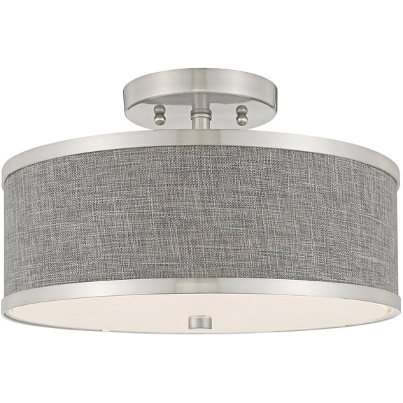 2 Light Brushed Nickel Ceiling Light fixture with Hand Crafted Gray Fabric Hardback Shade
