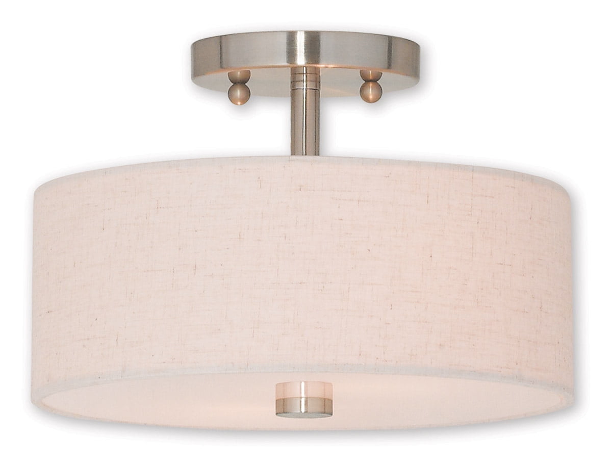 2 Light Brushed Nickel Ceiling Light fixture with Hand Crafted Oatmeal Color Fabric Hardback Shade