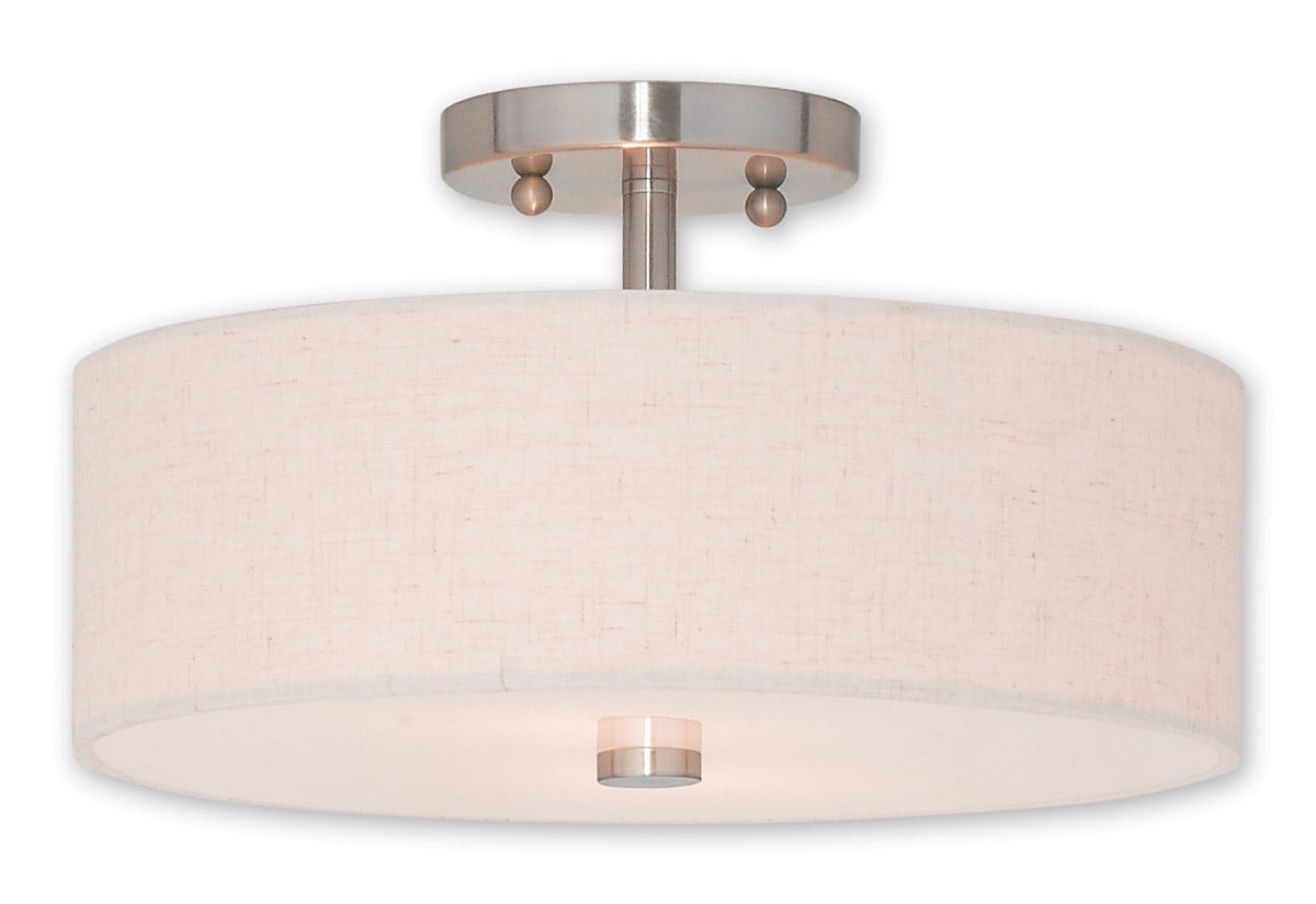 2 Light Brushed Nickel Ceiling Light fixture with Hand Crafted Oatmeal Color Fabric Hardback Shade