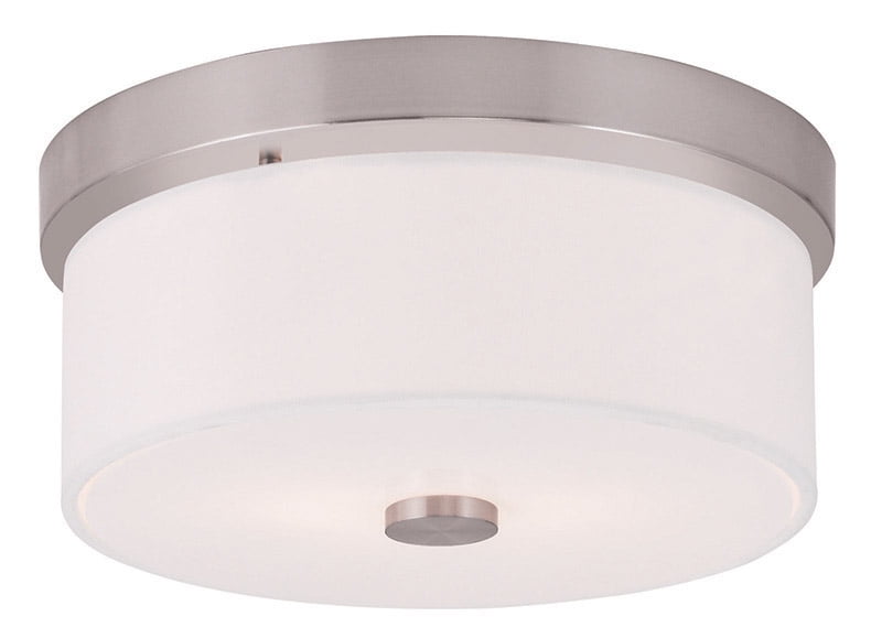 2 Light Brushed Nickel Ceiling Light fixture with Hand Crafted Off-White Fabric Hardback Shade