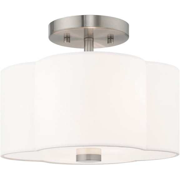 2 Light Brushed Nickel Ceiling Light fixture with Hand Crafted Off-White Fabric Hardback Shade