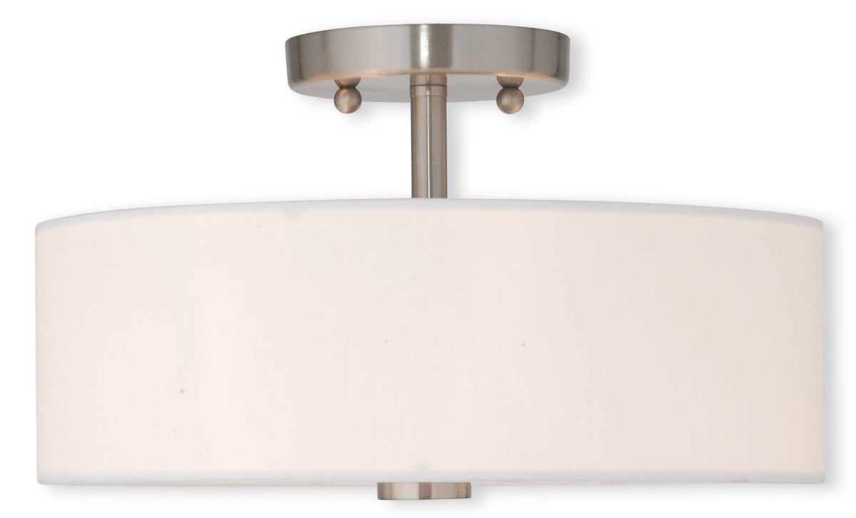 2 Light Brushed Nickel Ceiling Light fixture with Hand Crafted Off-White Fabric Hardback Shade