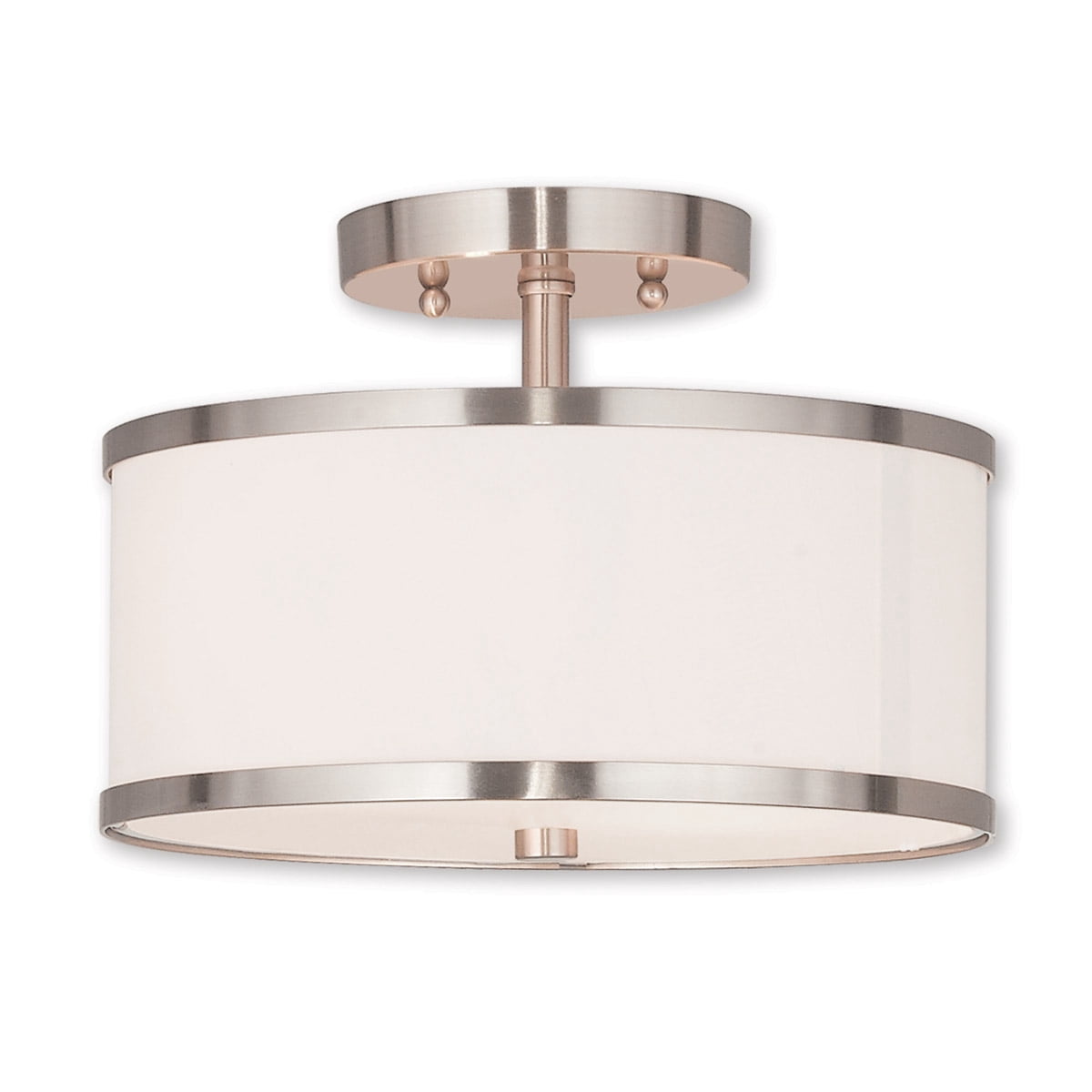 2 Light Brushed Nickel Ceiling Light fixture with Hand Crafted Off-White Fabric Hardback Shade