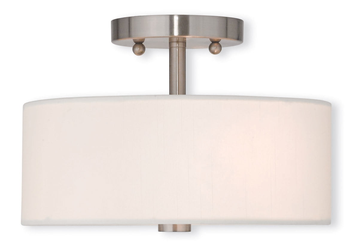 2 Light Brushed Nickel Ceiling Light fixture with Hand Crafted Off-White Fabric Hardback Shade