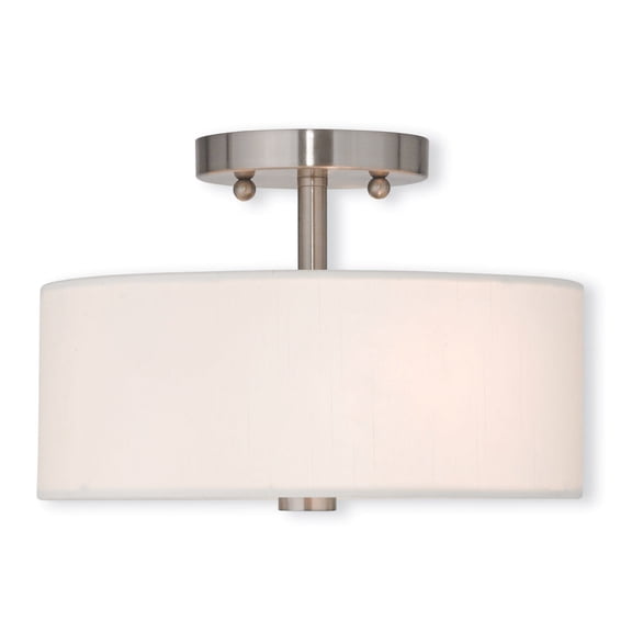 2 Light Brushed Nickel Ceiling Light fixture with Hand Crafted Off-White Fabric Hardback Shade