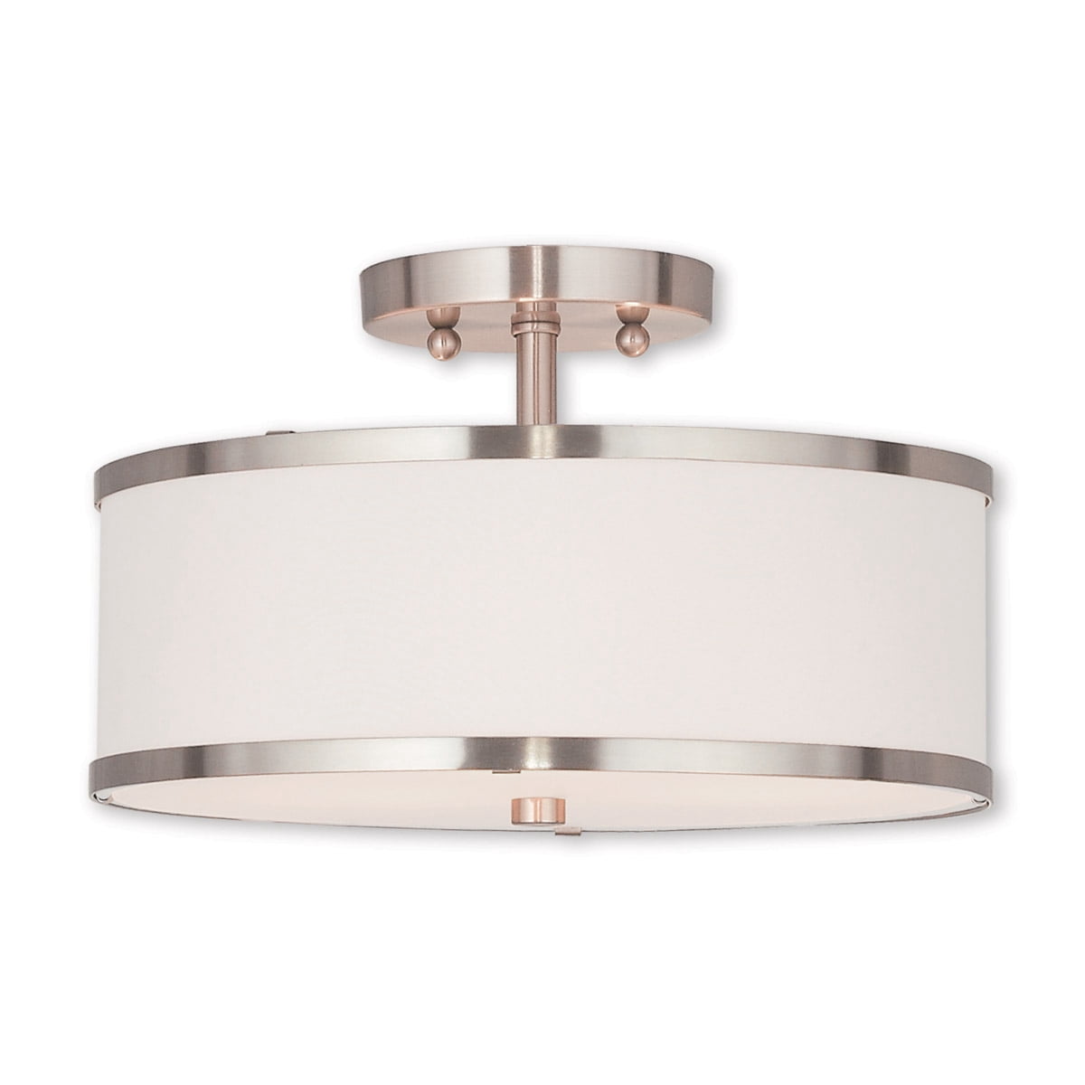 2 Light Brushed Nickel Ceiling Light fixture with Hand Crafted Off-White Fabric Hardback Shade