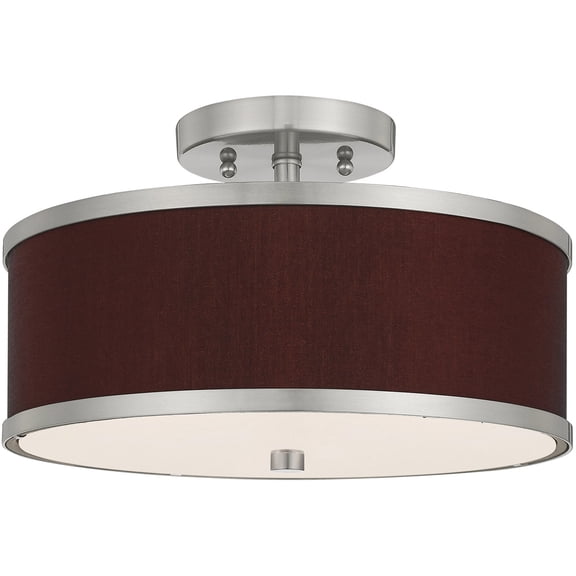 2 Light Brushed Nickel Ceiling Light fixture with Hand Crafted Red Wine Fabric Hardback Shade